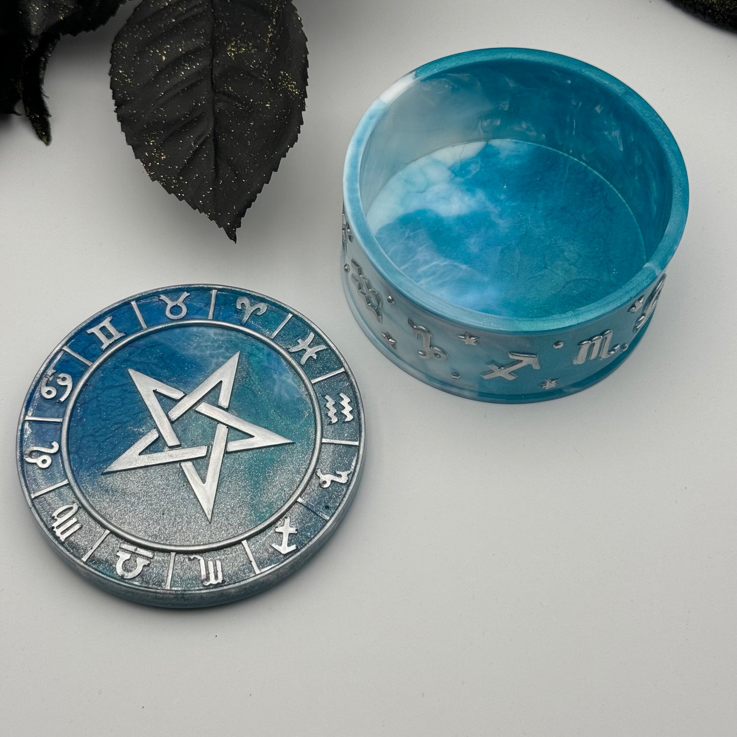 Sternzeichen Schmuckdose Blau mit Motivdeckel Pentagram