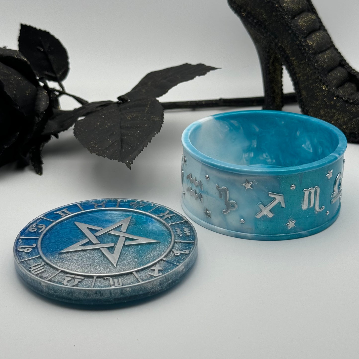 Sternzeichen Schmuckdose Blau mit Motivdeckel Pentagram