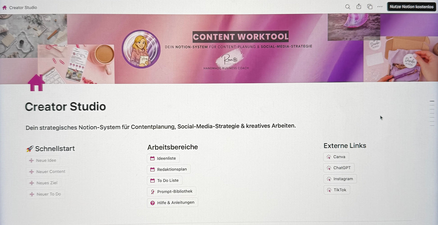 Notion Content Worktool – Contentplanung, Redaktionsplan & exklusive KI-Prompts für Social Media