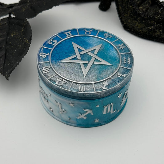 Sternzeichen Schmuckdose Blau mit Motivdeckel Pentagram