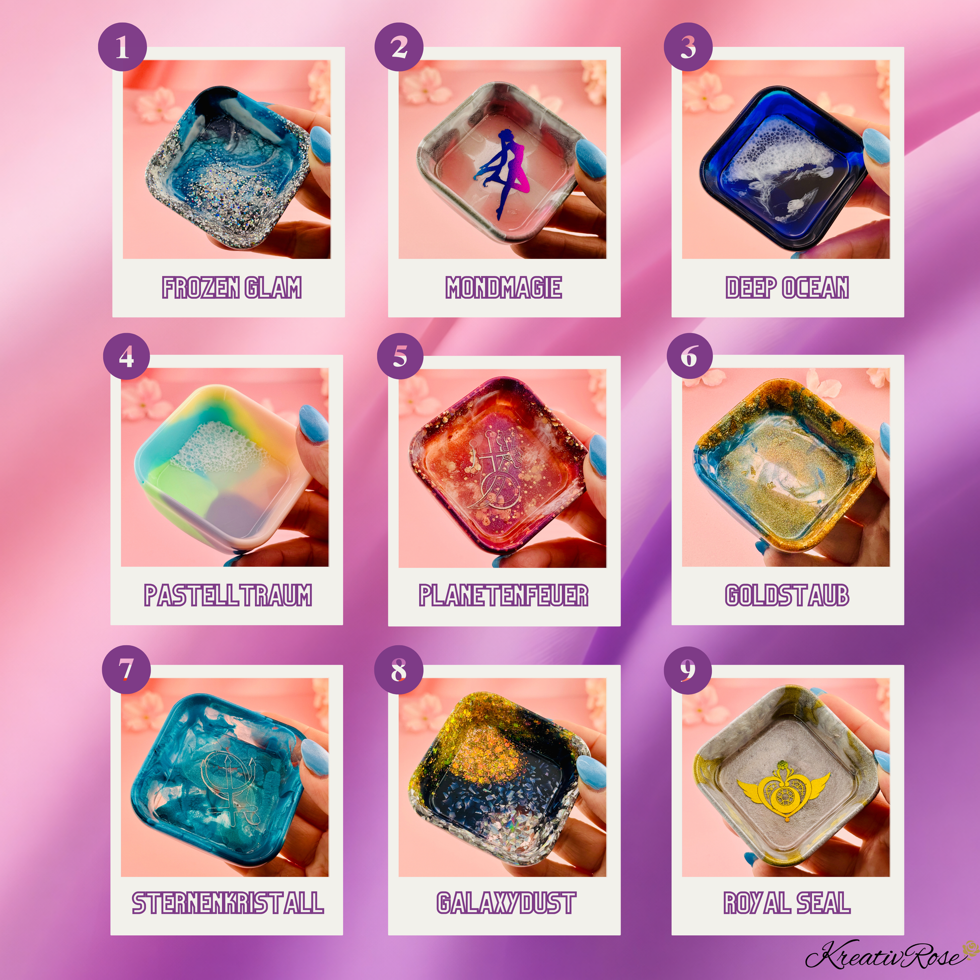 Handgemachte Epoxidharz Ringschalen in 9 Varianten – Schmuckschale aus Resin kaufen, Frozen Glam, Mondmagie, Deep Ocean, Pastelltraum, Planetenfeuer, Goldstaub, Sternenkristall, Galaxydust, Royal Seal