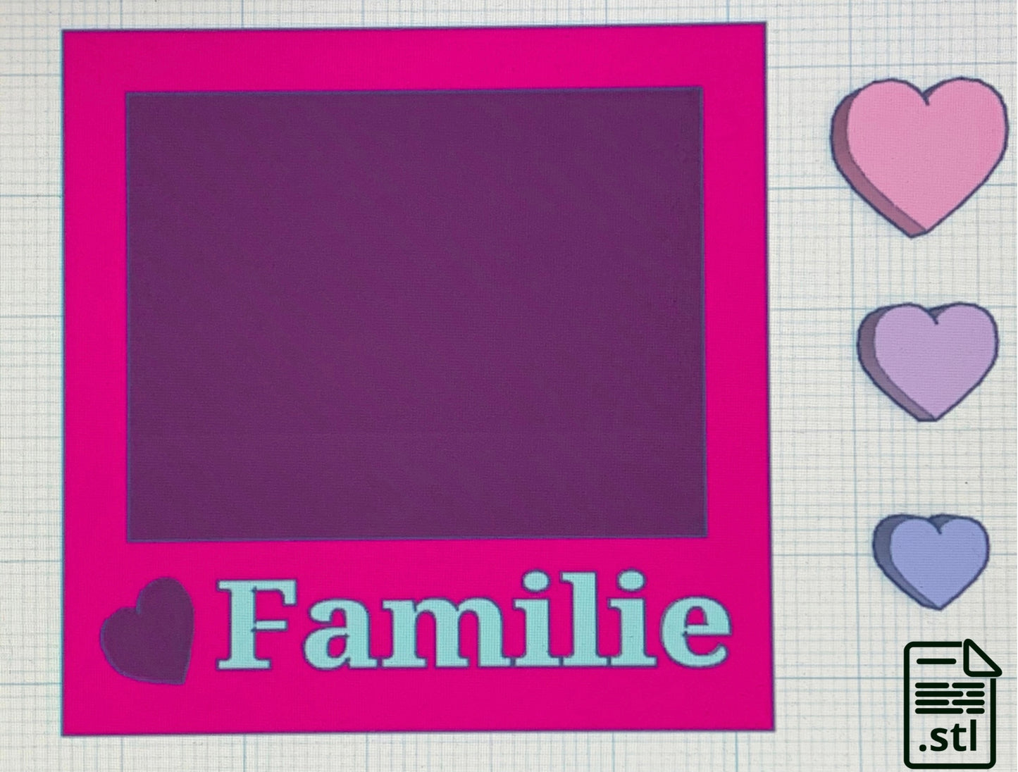 STL-Datei Shaker Fotorahmen mit Schriftzug Familie und Shaker Bits Herzen